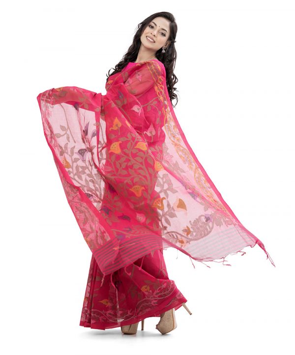 Magenta tant cotton Saree with all-over thread work.