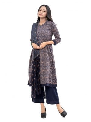 Gray and Blue all-over printed straight-cut salwar kameez in Georgette and Viscose fabric. The Georgette Kameez is designed with a low mock neck and three-quarter sleeves. Elegant karchupi with sequin, mirror and tube beads at the top front. Paired with palazzo pants with swing stitches on border lines. Complemented with printed chiffon dupatta.