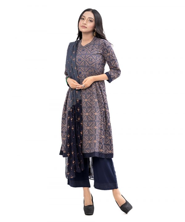 Gray and Blue all-over printed straight-cut salwar kameez in Georgette and Viscose fabric. The Georgette Kameez is designed with a low mock neck and three-quarter sleeves. Elegant karchupi with sequin, mirror and tube beads at the top front. Paired with palazzo pants with swing stitches on border lines. Complemented with printed chiffon dupatta.