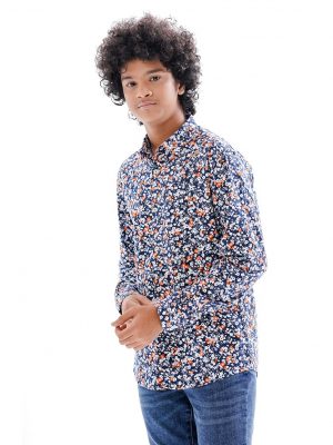 Blue casual shirt in printed Cotton fabric. Designed with a Classic collar and roll up sleeves.