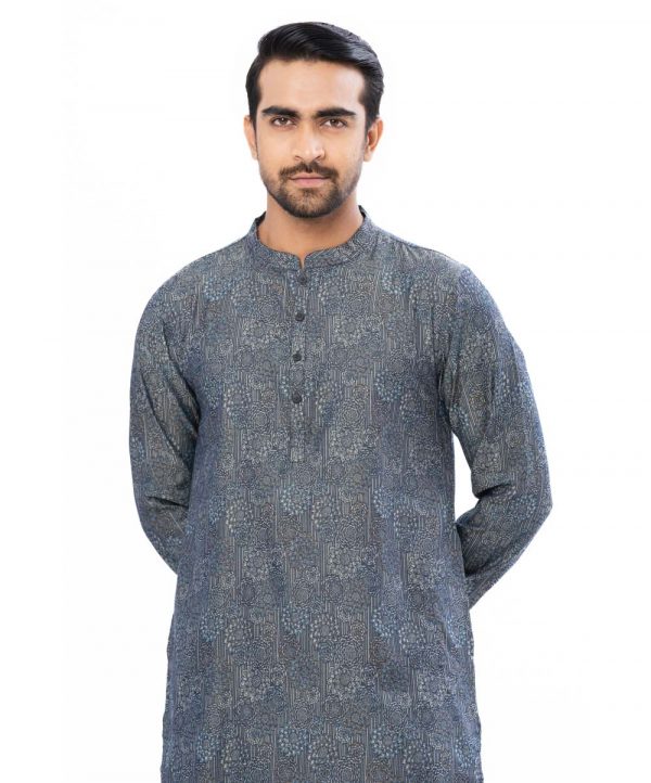Blue semi-fitted Panjabi in Jacquard Cotton fabric. Designed with a mandarin collar and matching metal button on the placket.