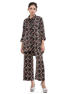 Black Shirt with bottom in printed Georgette fabric. The shirt is designed with a classic collar with button opening at the front and roll-up sleeves. Paired with a printed georgette palazzo pants as the bottom.