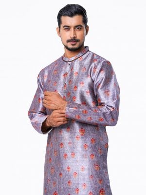 Gray premium Panjabi in Art-silk fabric. Designed with a mandarin collar and matching metal buttons on the placket.