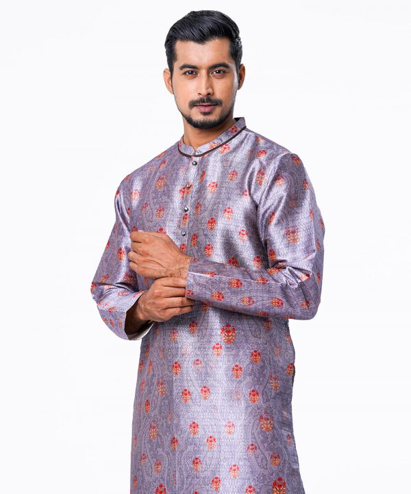 Gray premium Panjabi in Art-silk fabric. Designed with a mandarin collar and matching metal buttons on the placket.