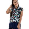 Navy Blue Top-Skirt set in printed Georgette fabric. The top features a band neck with buttons opening at the front and cap sleeves. Extended ruffles at the front. Paired with a gathered skirt as the bottom.