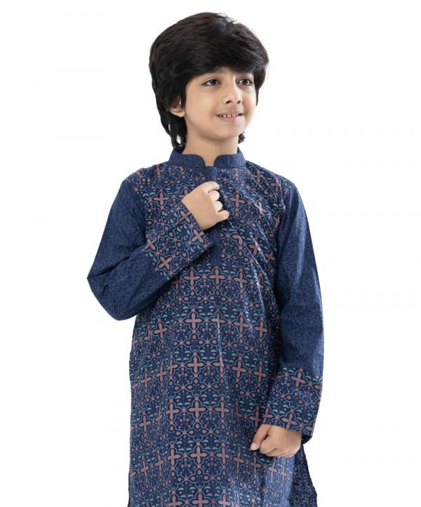 Blue all-over printed Panjabi in Cotton fabric. Designed with karchupi on the collar and hidden button placket.