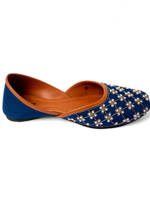 Navy Blue fabricated Juttie with high density foam insoles. Detailed with hand-embroidered pearl & spring work.