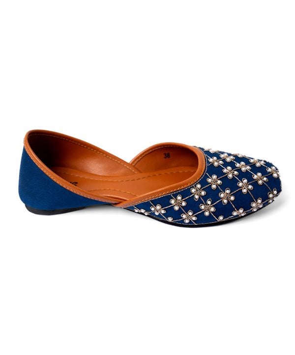 Navy Blue fabricated Juttie with high density foam insoles. Detailed with hand-embroidered pearl & spring work.