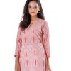 Peach all-over printed straight-cut Kameez in Georgette fabric. Features a round tie-cord neck and three-quarter sleeves. Designed with patch attachment at the hemline. Unlined.
