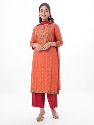 Orange and Red all-over printed Salwar Kameez in Viscose fabric. The Kameez is designed with a round neck and three-quarter sleeves. Embellished with karchupi at the front. Complemented by palazzo pants and a chiffon dupatta.