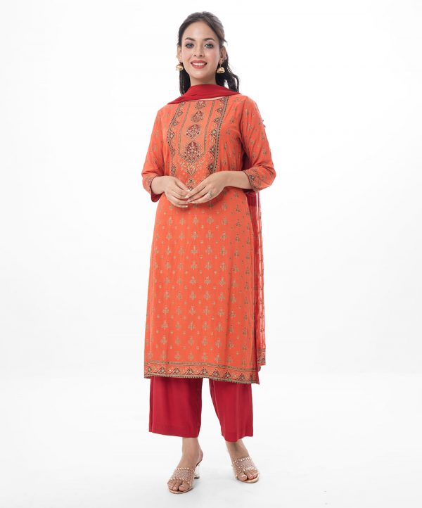 Orange and Red all-over printed Salwar Kameez in Viscose fabric. The Kameez is designed with a round neck and three-quarter sleeves. Embellished with karchupi at the front. Complemented by palazzo pants and a chiffon dupatta.