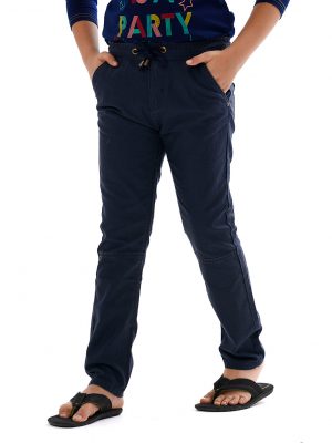 Blue woven pants in twill fabric. Five pockets, Covered elastic with adjustable drawstring at hemline & zipper fly.