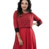 Red all-over printed layered Gown in Georgette fabric. Designed with a round neck and three-quarter sleeves with buttoned cuffs. Embellished with karchupi at the top front.
