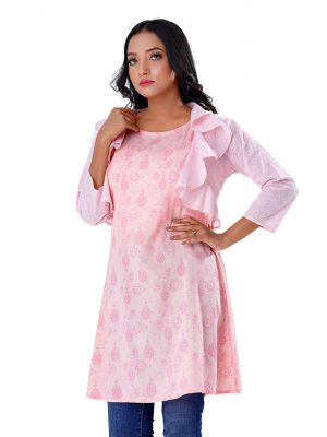 pink all-over printed A-line Tunic with Koti in Viscose fabric. Designed with a round neck and three-quarter sleeves. The Koti is crafted in embroidered cotton fabric.