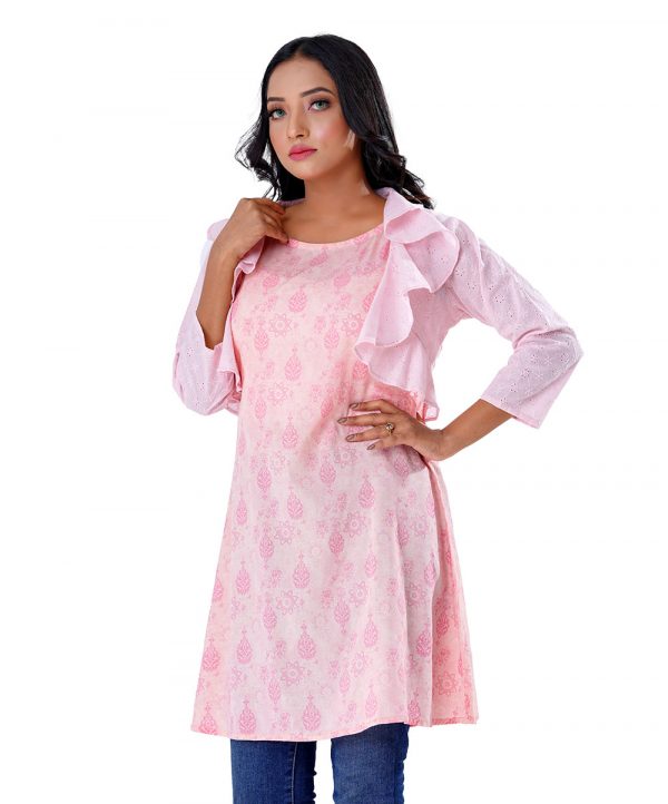 pink all-over printed A-line Tunic with Koti in Viscose fabric. Designed with a round neck and three-quarter sleeves. The Koti is crafted in embroidered cotton fabric.