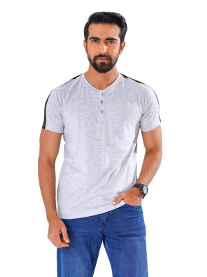 Gray Henley T-Shirt in Cotton single jersey fabric. Features a round neck with front button fastening and short sleeves.