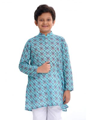 Blue Panjabi in printed Cotton fabric. Designed with a mandarin collar and hidden button placket.