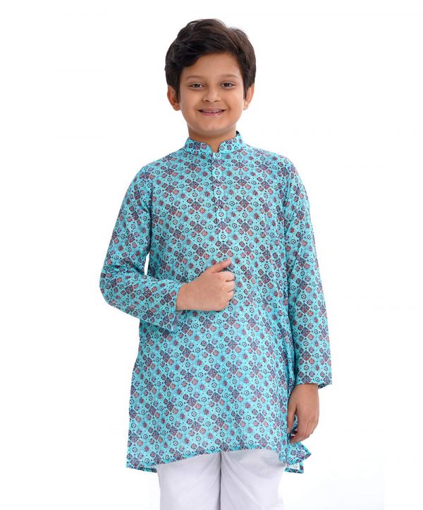 Blue Panjabi in printed Cotton fabric. Designed with a mandarin collar and hidden button placket.