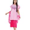Pink all-over printed Salwar Kameez in Viscose fabric. The Kameez is designed with a round neck and butterfly sleeves. Embellished with embroidery at the top front. Complemented by palazzo pants and a chiffon dupatta.