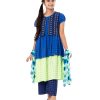 Blue and Green all-over printed Salwar kameez in Viscose fabric. The Koti-style kameez is designed with a round neck and bishop sleeves. Embellished with embroidery at the top front. Complemented by palazzo pants and a chiffon dupatta