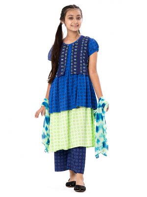 Blue and Green all-over printed Salwar kameez in Viscose fabric. The Koti-style kameez is designed with a round neck and bishop sleeves. Embellished with embroidery at the top front. Complemented by palazzo pants and a chiffon dupatta