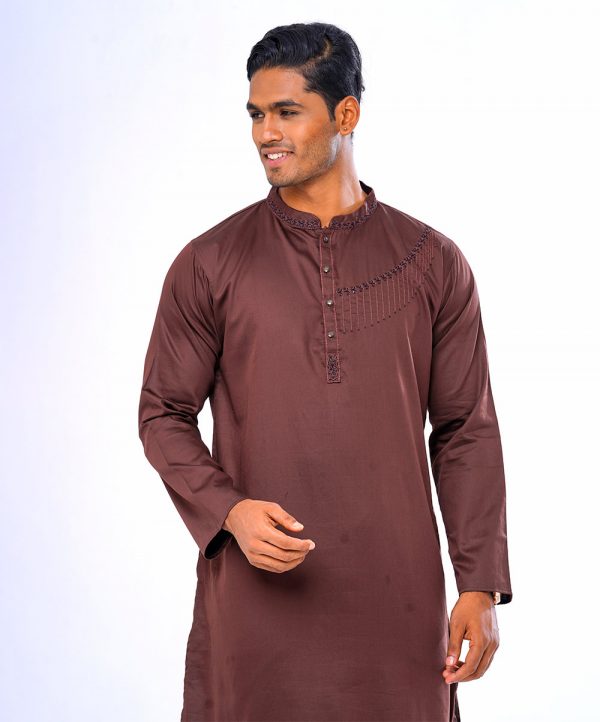 Chocolate semi-fitted Panjabi in Cotton fabric. Embellished with karchupi on the collar, placket and chest.