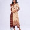 Chic V-neckline, retro-wrap style salwar kameez set in printed viscose fabric. Three-quarter sleeves and embroidery at top front. Half-silk dupatta with a viscose salwar.