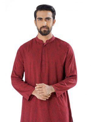 Red all-over printed semi-fitted Panjabi in Slab Viscose fabric. Designed with a mandarin collar and hidden button placket.