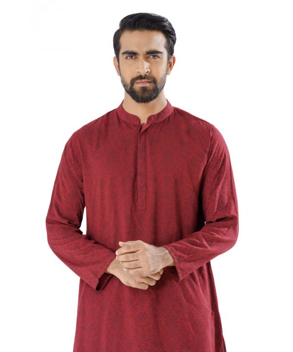 Red all-over printed semi-fitted Panjabi in Slab Viscose fabric. Designed with a mandarin collar and hidden button placket.