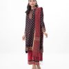 Black and maroon all-over printed Salwar Kameez in Viscose fabric. The Kameez is designed with a band neck with hook closure at the front and three-quarter sleeves. Embellished with embroidery at the top front and cuffs. Complemented by palazzo pants with matching patches on border lines and a half-silk dupatta.