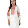 White all-over printed straight-cut Kameez in Georgette fabric. Features a round neck and three-quarter sleeves. Embellished with karchupi at the front, cuffs and hemline. Full viscose lining.