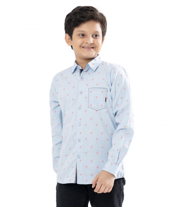 Blue casual shirt in printed Cotton fabric. Designed with a classic collar, long sleeves and a chest pocket.