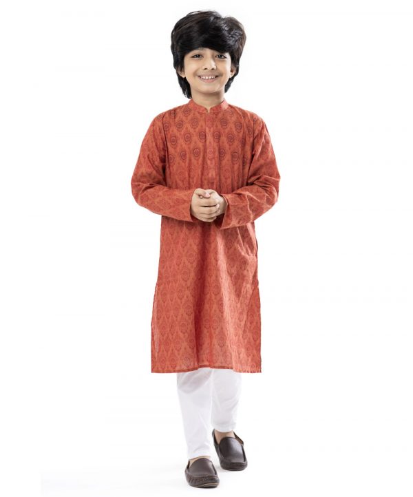 Brownish Red all-over printed Panjabi in Cotton fabric. Designed with a mandarin collar and hidden button placket. Embellished with embroidery on the chest.