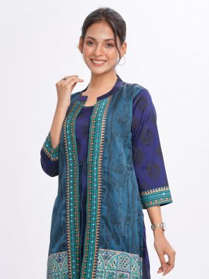 Blue all-over printed shrug style Kameez in Crepe fabric. Designed with a round neck and three-quarter sleeves. Embellished with karchupi at the front. Detailed with tie-waist cords at the front.
