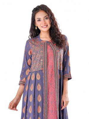 Gray and Salmon pink all-over printed shrug style Tunic in Georgette fabric. Designed with a band neck and three-quarter sleeves. Embellished with embroidery at the front and pleats from the waistline. Unlined.