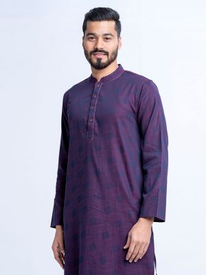 Purple fitted Panjabi in Jacquard Cotton fabric. Embellished with swing stitched on the collar and placket.