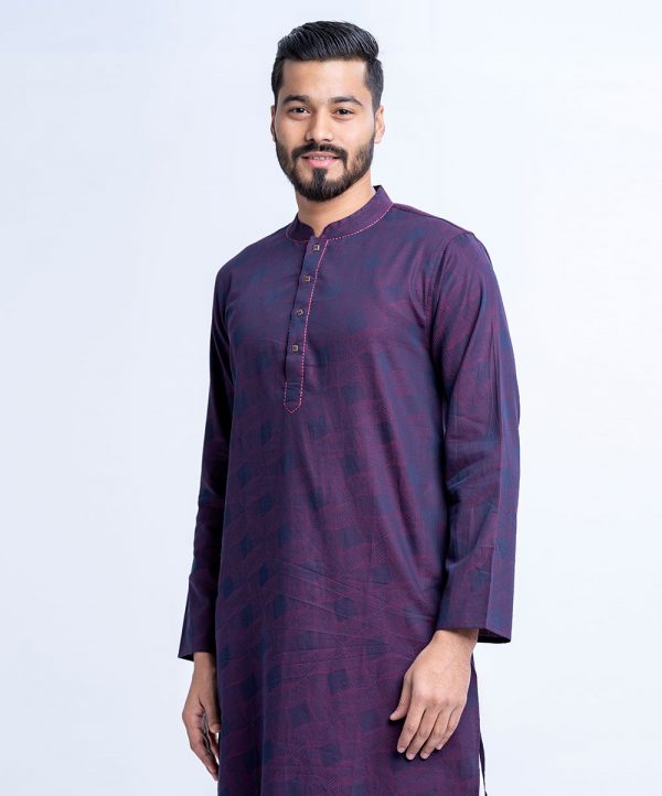 Purple fitted Panjabi in Jacquard Cotton fabric. Embellished with swing stitched on the collar and placket.