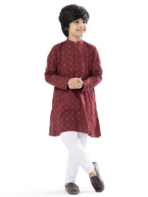 Red all-over printed Panjabi in slab Viscose fabric. Designed with a mandarin collar and matching metal button on the placket.