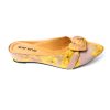 Yellow wedge Sandals. Comfortable cushioning at inner soles. Detailed with a fabricated closed-toe vamp with a ribbon on the top.