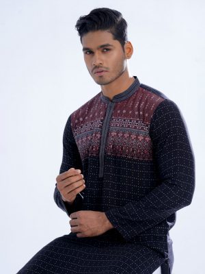 Black semi-fitted all-over printed Panjabi in Viscose fabric. Designed with swing stitches on the collar and hidden button placket.