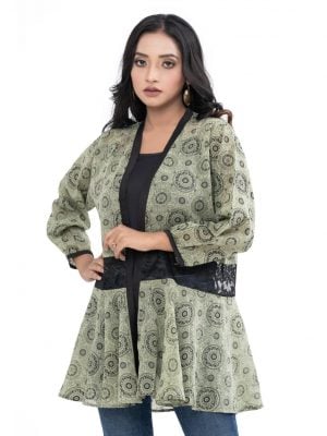 Green Shrug in printed Georgette fabric with bishop sleeves. Detailed with net attachment at the waistline.