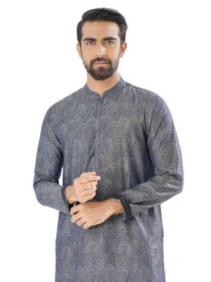 Blue fitted Panjabi in Jacquard Cotton fabric. Designed with a mandarin collar and matching metal button on the placket.
