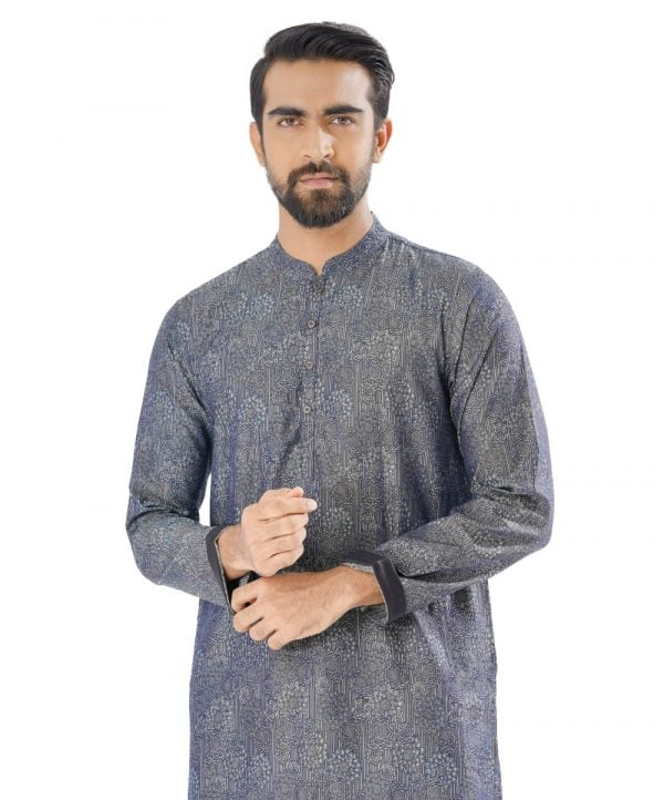 Blue fitted Panjabi in Jacquard Cotton fabric. Designed with a mandarin collar and matching metal button on the placket.