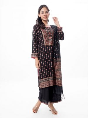 Black all-over printed Salwar Kameez in Viscose fabric. The Kameez is designed with a round neck and three-quarter sleeves. Embellished with karchupi at the top front and cuffs. Complemented by palazzo pants with matching patches on border lines and a half-silk dupatta.