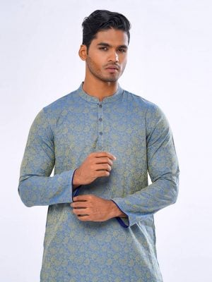 Blue fitted Panjabi in Jacquard Cotton fabric. Designed with a mandarin collar and matching metal button on the placket.