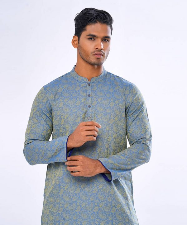 Blue fitted Panjabi in Jacquard Cotton fabric. Designed with a mandarin collar and matching metal button on the placket.