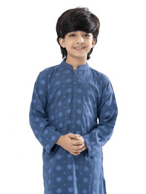 Blue all-over printed Panjabi in slab Viscose fabric. Designed with a mandarin collar and matching metal buttons on the placket.