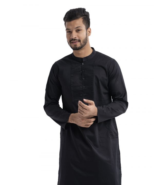 Black fitted Panjabi in Cotton fabric. Stylish pin tucks placket with metal button opening on the chest.