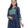 Blue all-over printed retro-wrap style Tunic in Viscose fabric. Designed with a V-neck and three-quarter sleeves. Katan fabric detailing at the top front and cuffs. Stylized with pleats from the waistline.