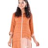 Brown Straight-cut Kameez in printed Georgette fabric. Features a band neck with hook closure at the front and three-quarter sleeves. Cut and sew detailing at the front and back.